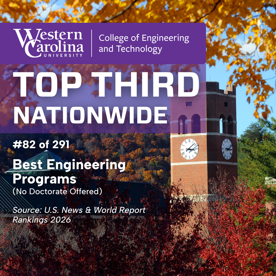 Alumni Tower Image with WCU Engineering logo and text Top Third Nationwide #82 of 291 Best Engineering Program (No Doctorate Offered) Source: 2026 U.S. News & World Report Rankings