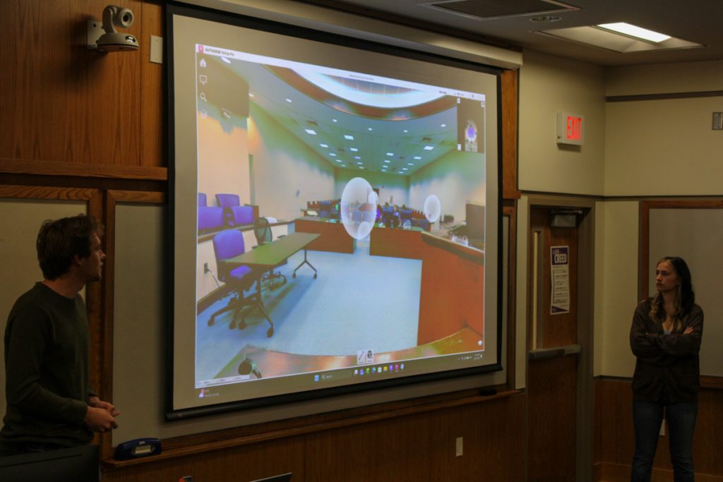 WCU construction management students show an image from the virtual courtroom project during a project presentation.