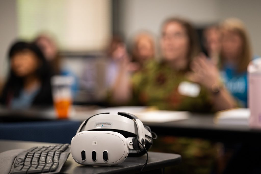 Virtual reality headsets at meeting to review virtual courtroom project