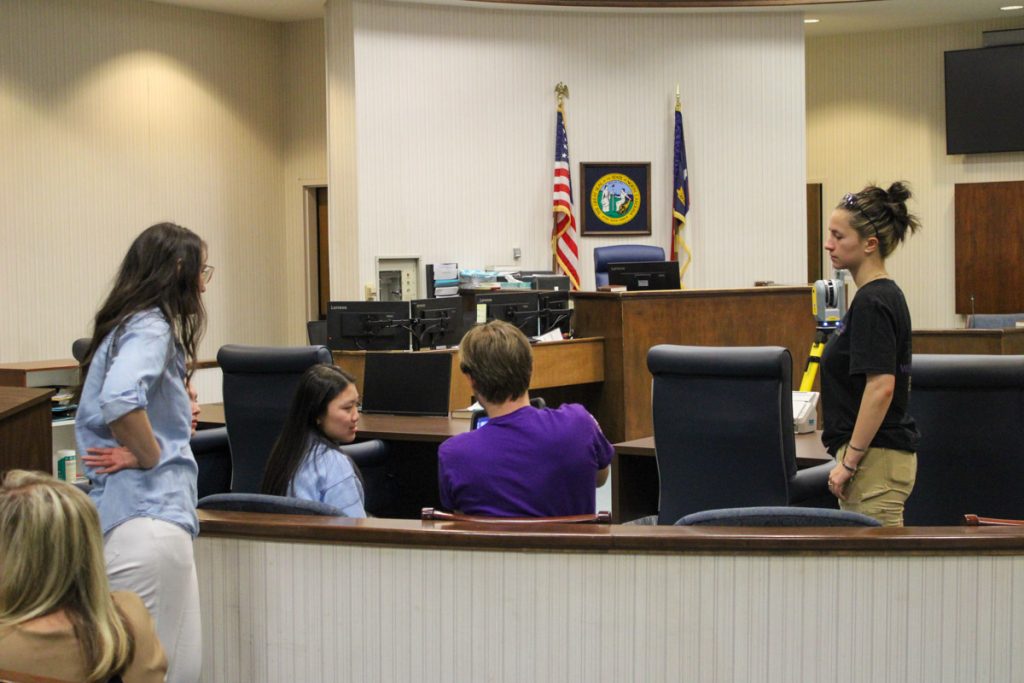 WCU construction management students scan a courtroom for a virtual reality service project