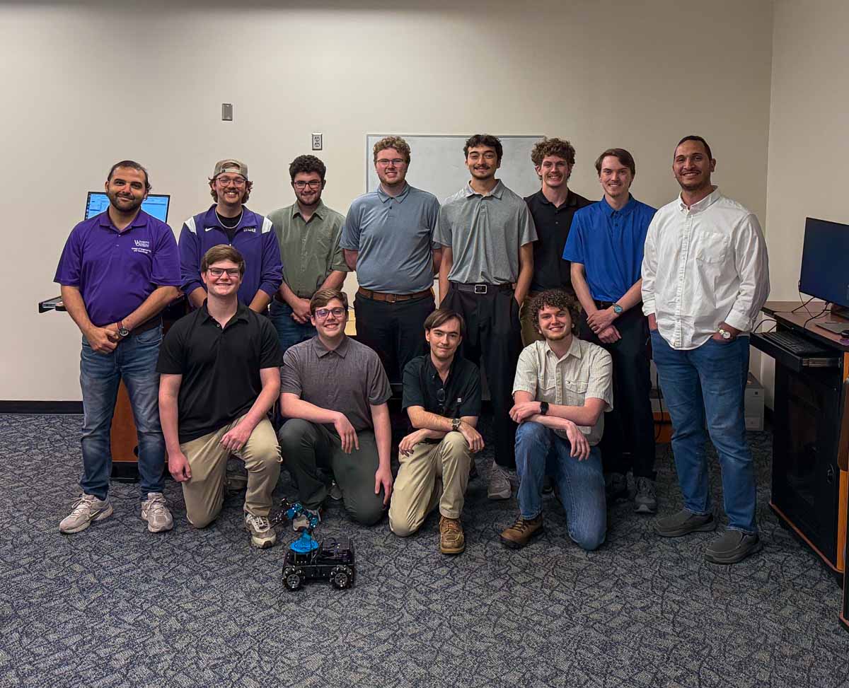 Ten WCU studetns in the Spring 2026 ENGR 493’s AI + Robotics Projects class and two faculty members gather for a group photo