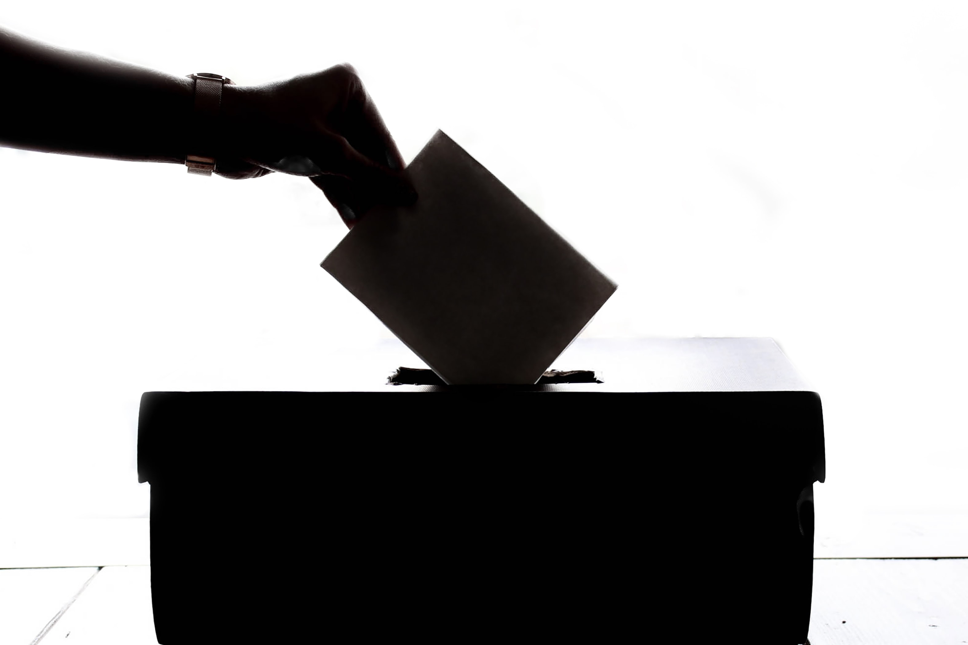 A black and white image of a silhouetted hand placing a ballot into a box 