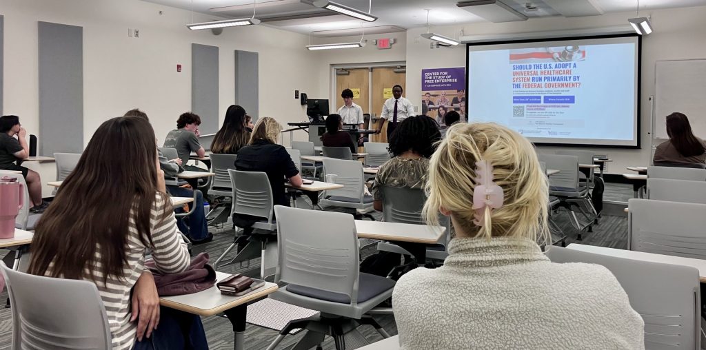 Students debate universal healthcare.