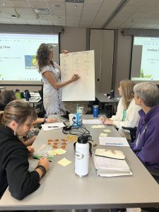 Educators are sitting, looking at a woman holding a white board recording data