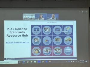 Screen that shows the Zoom call with NCDPI in which Katie Luvdahl is showcasing the K-12 Science Standards Resource Hub